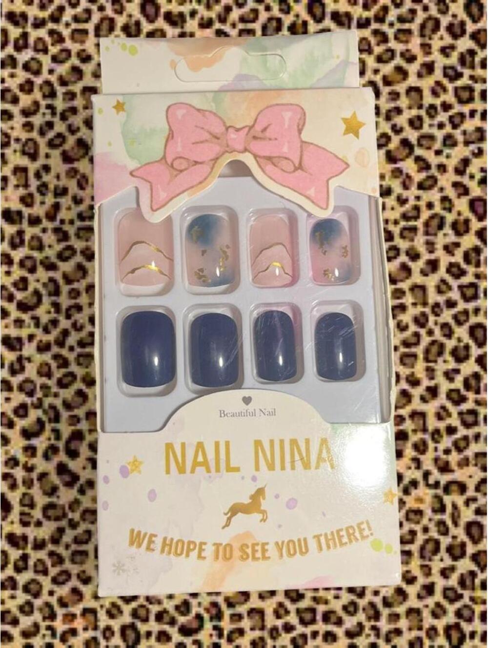 Dark blue and nude with gold chrome detail press on nails